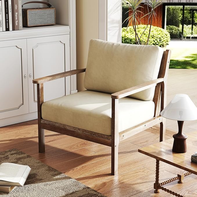 Giantex Mid Century Modern Accent Chair, Wooden Arm Chair w/Solid Wood Frame, Removable Seat Cushion & Pillow, Vintage Comfy Reading Chair for Living Room, Bedroom, Study-Ruum Studio Home