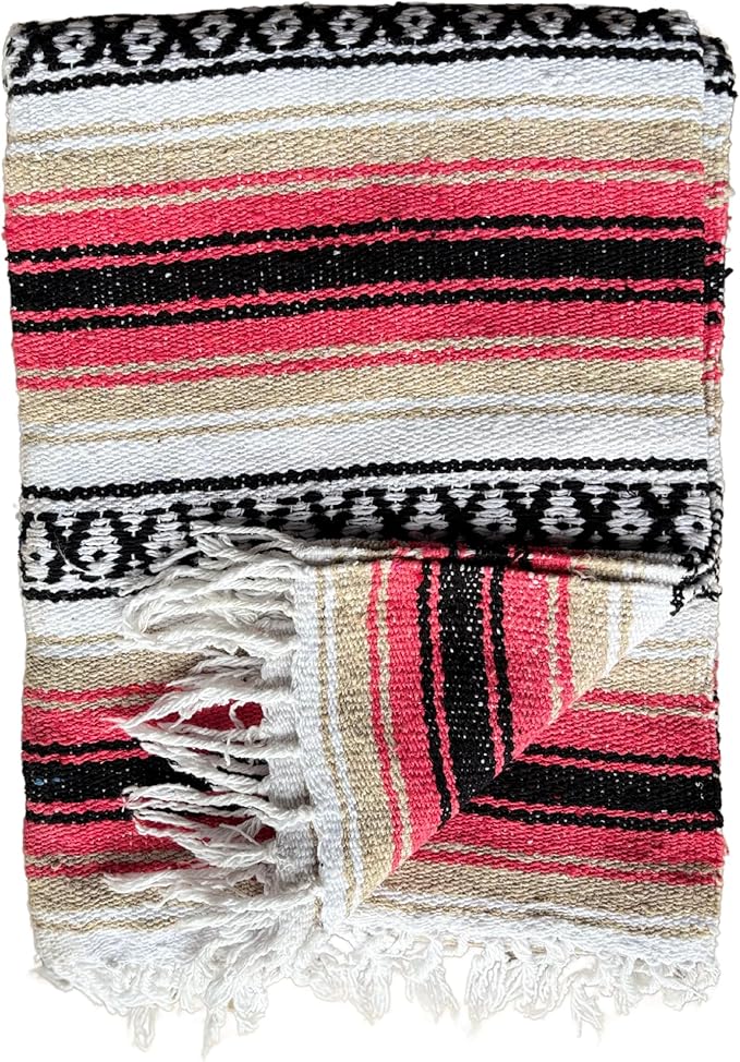 Del Mex Classic Mexican Blanket, Large Authentic Woven Falsa Throw (70"x50"), Artisan Southwest Décor for Beach, Yoga, Outdoors (Pink/Tan)-Ruum Studio Home