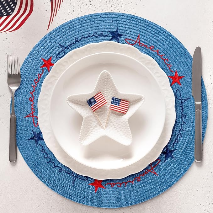 Whaline 4Pcs Round Independence Day Placemats Patriotic Stars Embroidered Place Mats 4th of July Dinner Table Mats for Home Holiday Birthday Party Decor-Ruum Studio Home