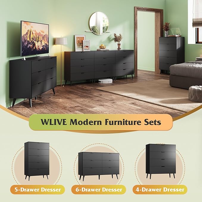 WLIVE 4 Drawer Dresser for Bedroom, Tall Wood Dresser, Modern Black Dressers with Sturdy Metal Handle, Small Chest of Drawers for Living Room, Hallway-Ruum Studio Home