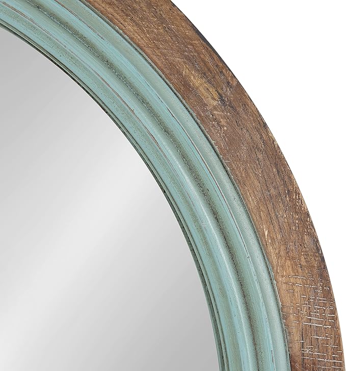 Kate and Laurel Palmer Rustic Farmhouse Round Wooden Mirror, 26 Inch Diameter, Blue and Rustic Brown, Modern Circle Decorative Wall Mirror with Paint Distressing-Ruum Studio Home