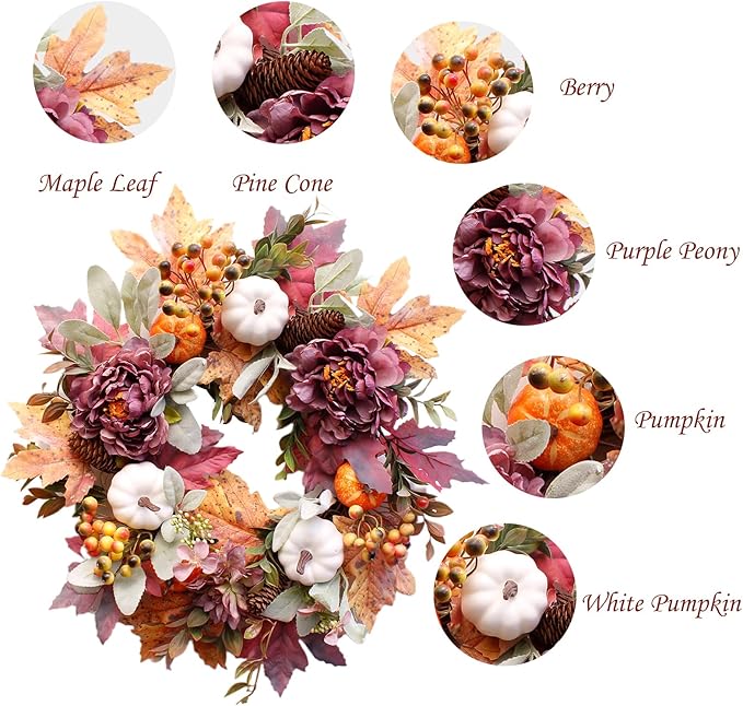 20Inch Fall Wreaths for Front Door,Fall Wreath,Fall Decorations for Home,Autumn Wreaths with White Pumpkins Peony Pine Cones, Fall Door Wreath for Thanksgiving Halloween Indoor Outdoor Decor-Ruum Studio Home
