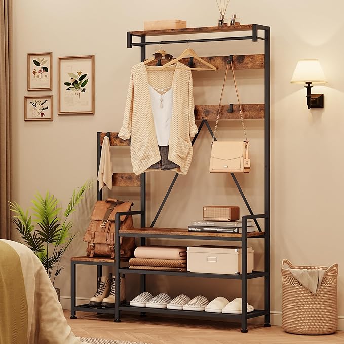 IDEALHOUSE Hall Tree with Bench and Shoe Storage Parent-Child Coat Rack Shoe Bench Industrial Coat Tree Entryway Large Organizer with Shoe Rack, Storage Cubbies, Hooks, and Top Shelf-Ruum Studio Home