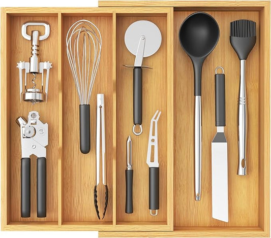 Lifewit Utensil Drawer Organizer, Expendable Cooking Silverware Tray for Kitchen Drawer, Bamboo Adjustable Cutlery Flatware Holder, Spatula Tools and Gadgets Storage Divider, 4 Compartments, Natural-Ruum Studio Home