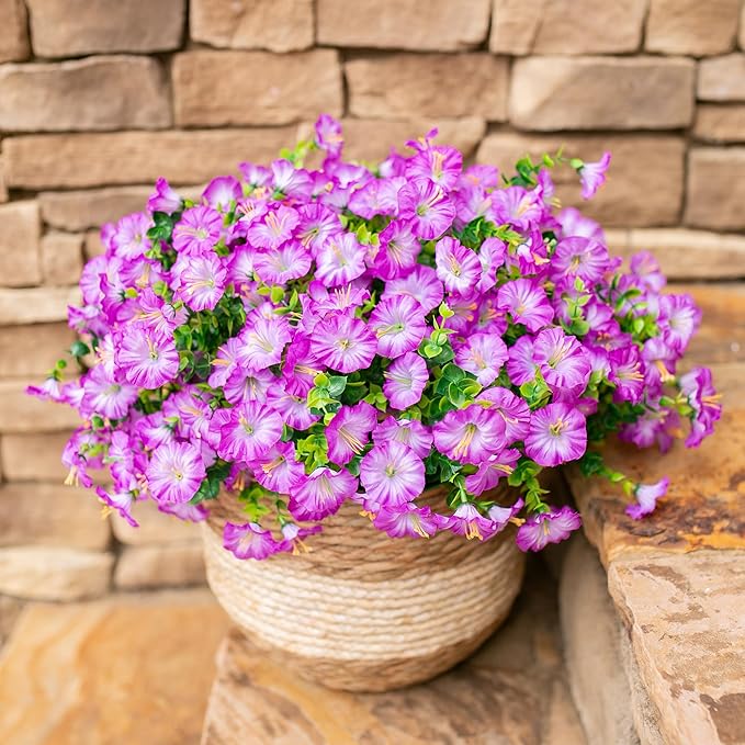 Artificial Flowers for Outdoors Fake Plants Outside Decoration, 12 Bundles Silk Purple Morning Glory UV Resistant Look Real Faux Flowers for Planter Front Door Porch Patio Yard Gardens Home-Ruum Studio Home