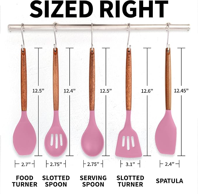 Zulay Kitchen Non-Stick Cooking Utensils Set with Authentic Acacia Wood Handles – 5-Piece Durable & Stylish Silicone Kitchen Utensils Set – Heat Resistant to 464°F – Pink-Ruum Studio Home