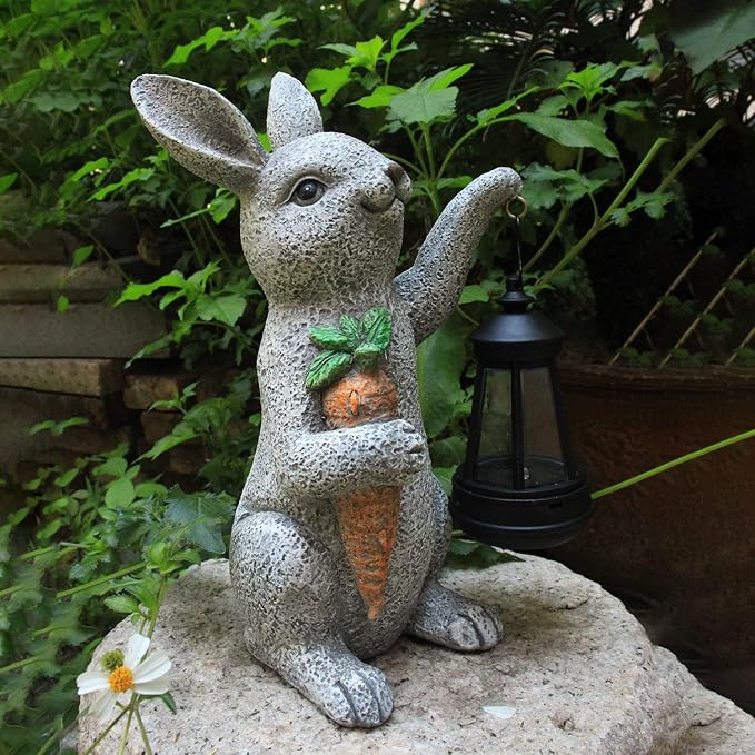 Garden Statues Rabbit Solar Lantern Outdoor Handmade Resin Statue Bunny with Cute Carrot for Patio, Yard,Mother's Day Gift Ideas (rabbit1)-Ruum Studio Home