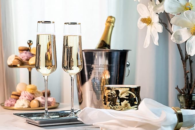 Gold Rim Champagne Gift Glasses | Set of 2 | Crystal Square Toasting Flutes for Bride and Groom, Wedding, Anniversary, Birthday | Elegant Long Stemmed Glassware for Sparkling Wine, Prosecco-Ruum Studio Home