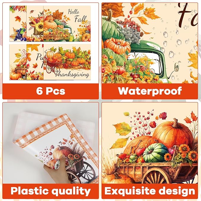 Thanksgiving Placemats Set of 6 Fall Plastic Table Mats Thanksgiving Day Place Mat Autumn Harvest Place Mats Washable Rustic Pumpkins Table Decoration for Indoor Outdoor Party Kitchen Dining-Ruum Studio Home