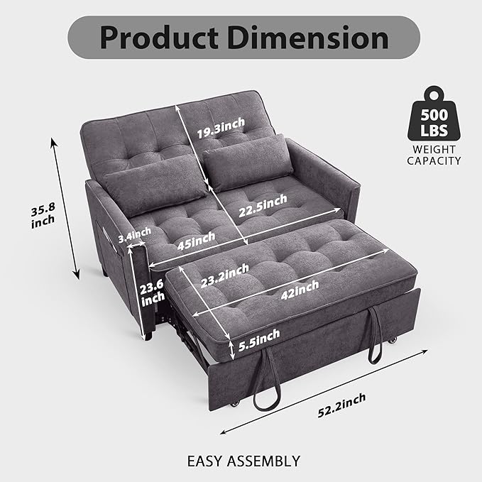 Convertible Sofa Bed, 3 in 1 Pull Out Couch, Loveseat Sleeper with Side Pocket, Living Room Sofa with Adjustable Backrest | USB Charging Port | Two Pillows | Towel Fabric | Dark Gray-Ruum Studio Home