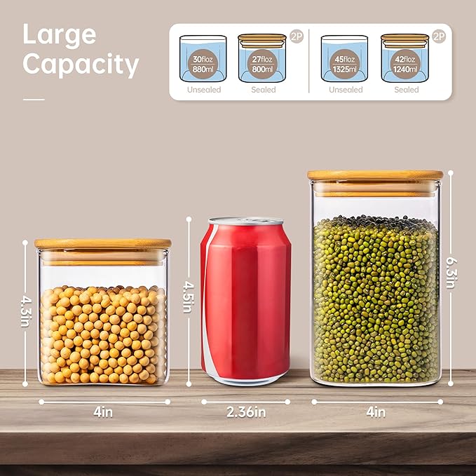 42oz & 27oz - 4 Pack Square Glass Jars with Bamboo Lids, Glass Food Storage Containers with Airtight Lids for Kitchen, Air Tight Pantry Storage Containers for Cereal, Pasta, Rice, Sugar, Coffee, Spice-Ruum Studio Home
