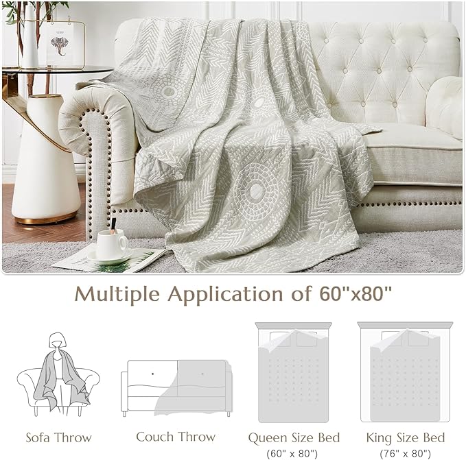 JINCHAN Boho 100% Cotton Muslin Blanket 3-Layer Twin Size Geometric Lightweight Reversible Soft Cozy Throw for Couch Sofa Bed All Season Coverlet Gift Bedroom Living Room Decor Light Grey 60x80 Inches-Ruum Studio Home