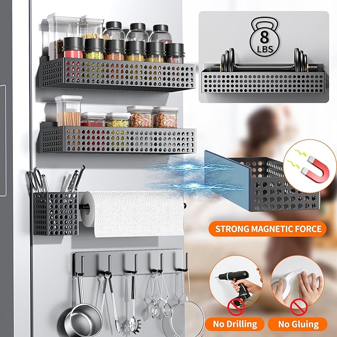 Magnetic Spice Rack for Refrigerator 2 Tiers and Paper Towel Holder and Utensil Holder, Magnetic Refrigerator Organizer, Strong Magnetic Fridge Shelf, Side Fridge Storage Rack for Kitchen-Ruum Studio Home