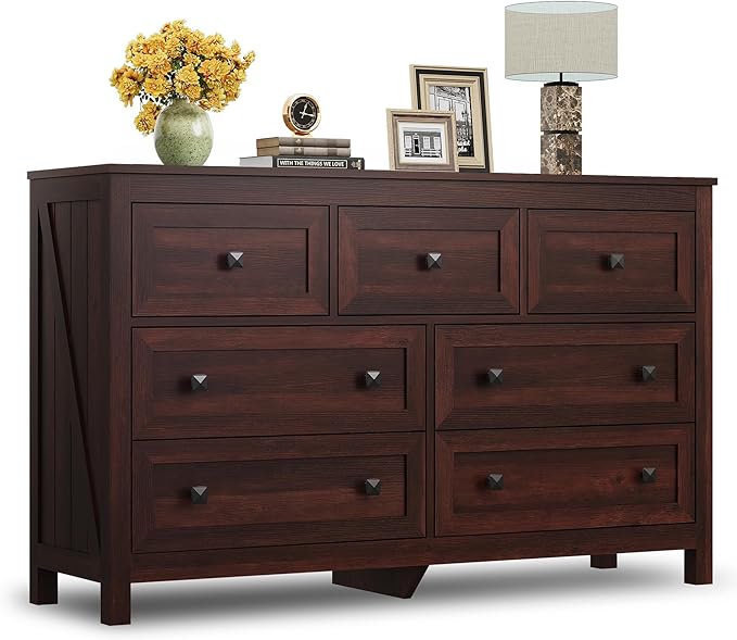 WLIVE Farmhouse Dresser for Bedroom, 51.18'' Wide 7 Drawer Wood Dresser, TV Stand for 65 inch TV, Wooden Chest of Drawers for Bedroom, Modern Clothes Organizer for Living Room, Hallway, Rustic Brown-Ruum Studio Home