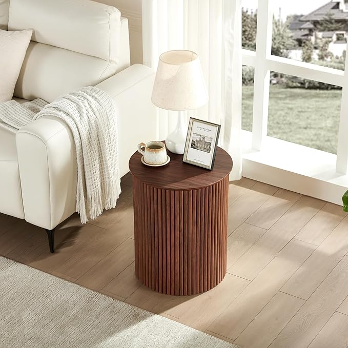 AVZEAR Small Round Side Table Fluted Night Stand Set of 2, 17.7" Mid Century Modern End Table, Circle Bedside Tables Wood Nightstands for Small Spaces, Living Room, Bedroom (Rustic Walnut)-Ruum Studio Home