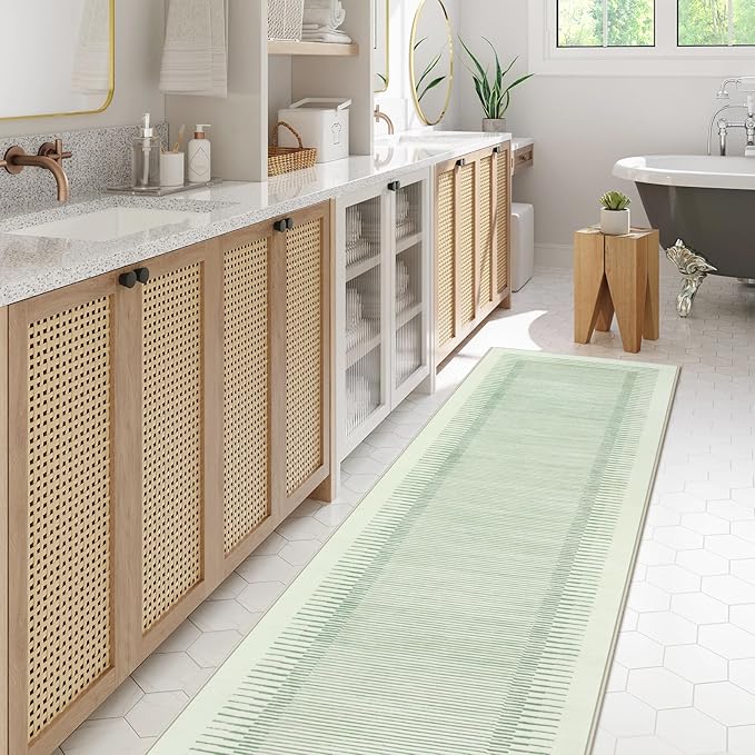Wonnitar Washable Striped 8x10 Rugs for Living Room, Non-Slip Soft Sage Green Bedroom Rug, Low Pile Minimalist Floor Carpet for Nursery Playroom Dining Room Department (Green, 8' x 10')-Ruum Studio Home