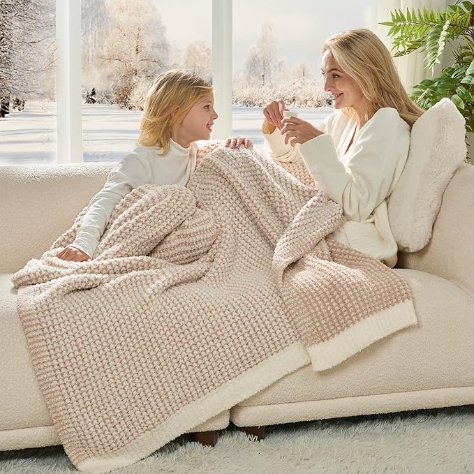 Snuggle Sac Cream Waffle Blanket for Couch Bed Sofa 60x80 inches, Reversible Beige Soft Throw Microfiber Fluffy Fuzzy Cozy Knit Twin Blanket for Women Mothers Birthday Gifts-Ruum Studio Home