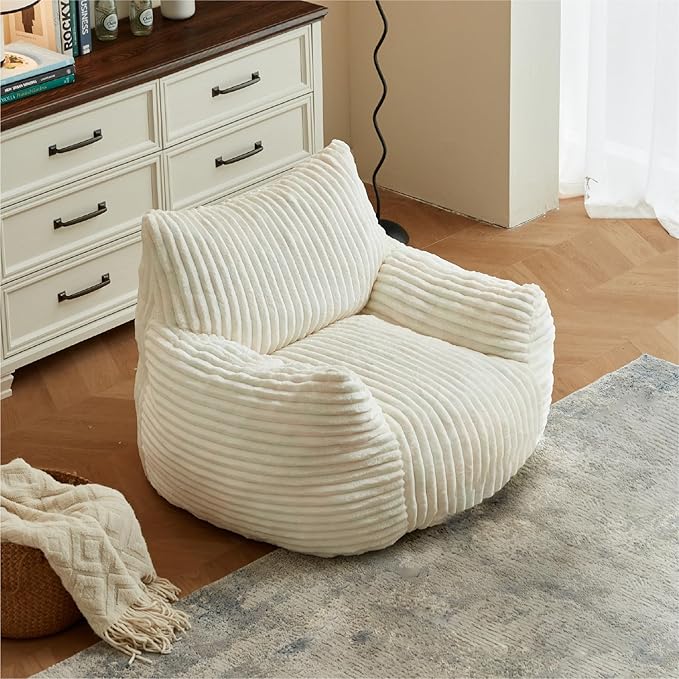 Premium Beige Bean Bag Chair for Adults with Armrest- Ultra Plush Memory Foam Lounge Sofa & Comfy Reading Nook Chair for Bedroom, Living Room & Dorm (White, Without Pedals)-Ruum Studio Home