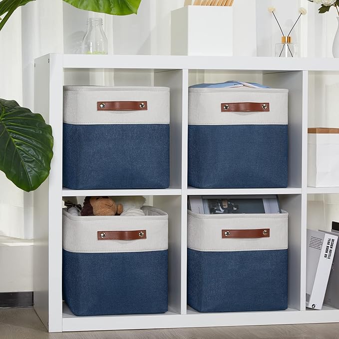 DULLEMELO [Set of 4 Storage Cubes Baskets for Organizing, 11 x 11 x 11 inch Cube Storage Organizer Bins with Leather Handles, Foldable Fabric Cloth Bins for Cube Storage(4 Pack - 11" White&Blue)-Ruum Studio Home