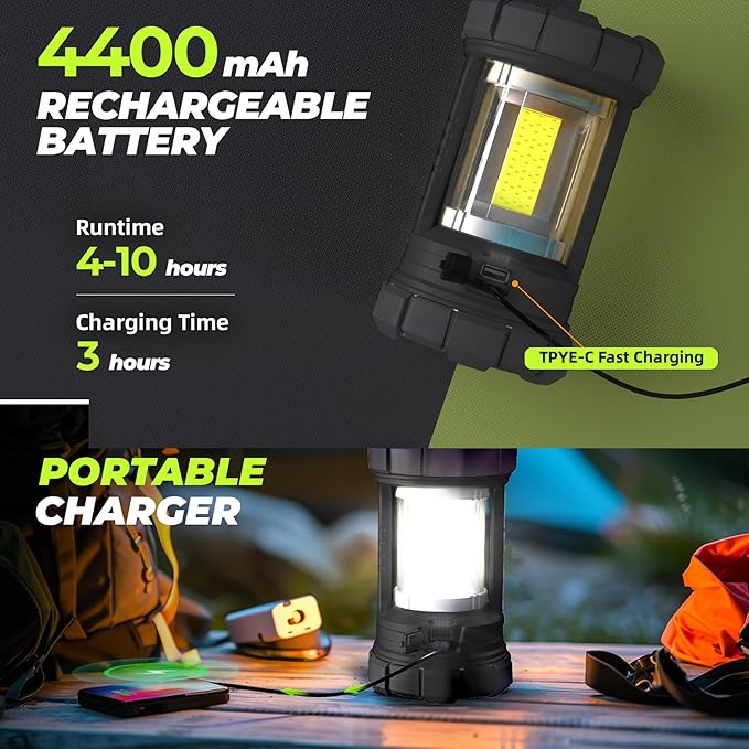 Rechargeable Camping Lantern, 3000LM 5 Light Modes Camping Light 4400 Capacity Phone Charger LED Impact-Resistant Flashlight Lantern Portable Waterproof Hurricane Lanterns for Emergency(Black)-Ruum Studio Home