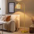 Oneach Arc Floor Lamp for Living Room,Rattan Boho Floor Lamp with Hand-Woven Wicker & Fabric Shade, Foot Switch,Gold Metal Base & Pole,Farmhouse Standing Lamp for Bedroom Corner,Office,Reading-Ruum Studio Home