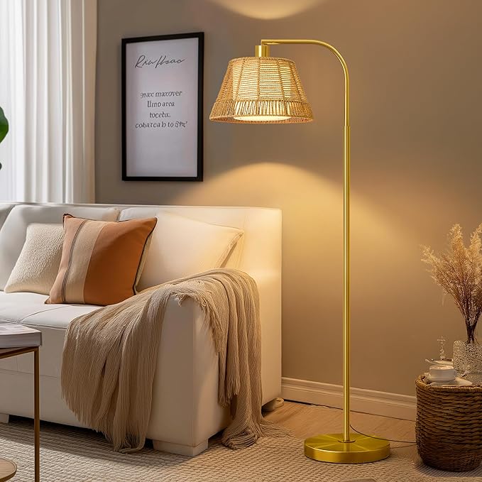 Oneach Arc Floor Lamp for Living Room,Rattan Boho Floor Lamp with Hand-Woven Wicker & Fabric Shade, Foot Switch,Gold Metal Base & Pole,Farmhouse Standing Lamp for Bedroom Corner,Office,Reading-Ruum Studio Home