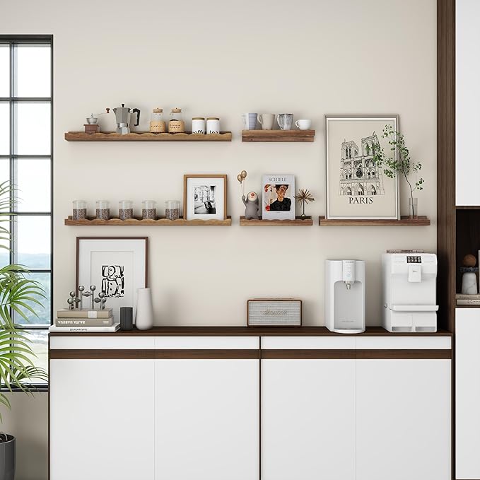 Fun Memories Picture Ledge Shelf for Wall, 24 inch Pine Wood Nursery Book Shelves Set of 2- Wall Book Shelves for Kids Room, Home Decor - Kitchen Spice-Carbonized-Ruum Studio Home