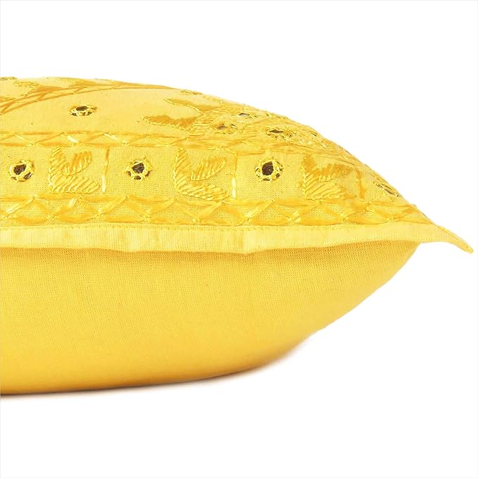 Eyes of India Embroidered Decorative Boho Throw Pillow Cover with Mirrors, Handmade Bohemian Accent Cushion Case for Sofa Couch Bedroom Living Room (Yellow, 24" x 24")-Ruum Studio Home