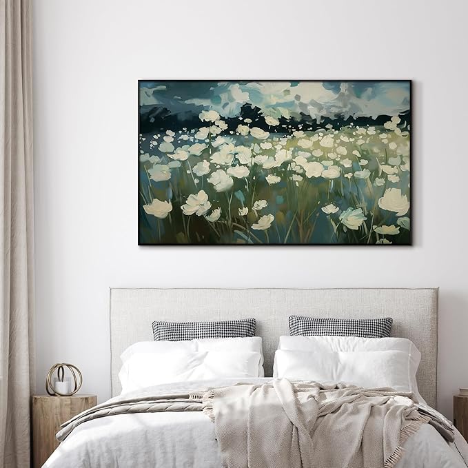 SIGNWIN 30"x60" Extra Large Framed Wall Art White Wildflower Field in Impressionist Style, Soft Floral Landscape for Home Living Room Bedroom Decor (Frame Assembly Required)-Ruum Studio Home