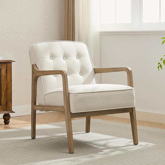 Linen Accent Chair, Mid Century Modern Chair for Living Room, Upholstered Comfy Lounge Armchair with Solid Wood Frame, Reading Side Chair for Bedroom,105°Ergonomic Comfort, White-Ruum Studio Home