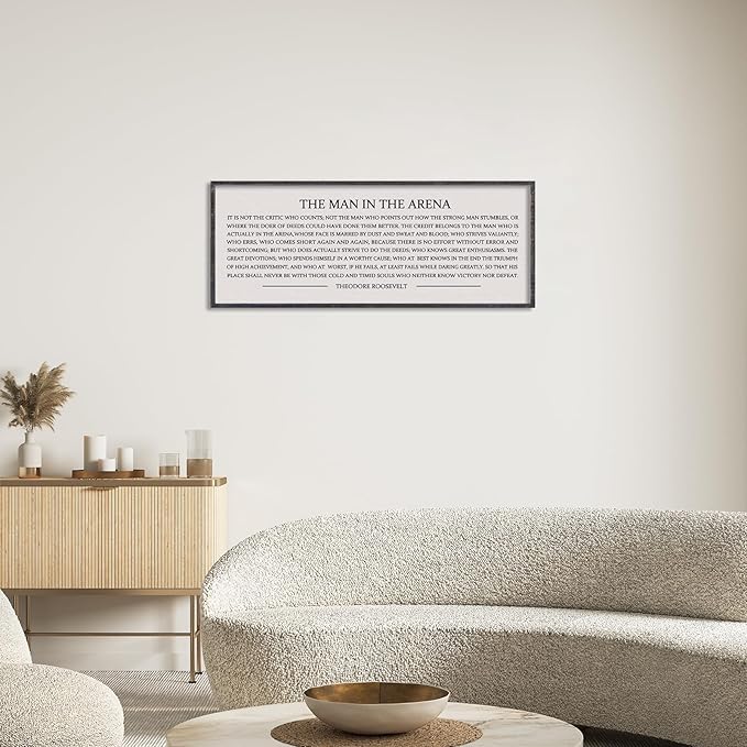 LuZhiQiang The Man in the Arena Wall Decor 32''x12'' Inspirational Quotes Office Wood Framed Sign Rustic Home Motivational Art For Man Entrepreneur Morden Living Room Wall Hanging Decor (Black)-Ruum Studio Home
