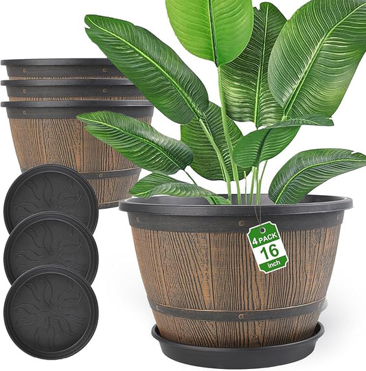 16-inch-Plant-Pots-Indoor-Outdoor, 4 Pack Large Whiskey Barrel Planters with Drainage Holes & Saucer, Plastic Flower Pots Imitation Wine Barrel Design, Decorative Garden Pots for Plants-Ruum Studio Home