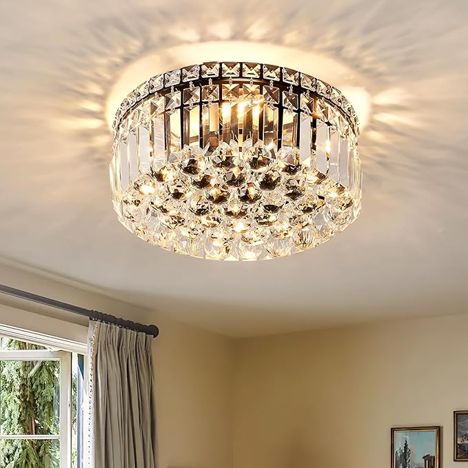 4-Light Black Crystal Chandeliers Flush Mount Chandelier Light Fixture with K9 Crystals Modern Ceiling Lights Elegant Round Lamp for Bedroom,Hallway,Bar,Living Room,Dining Room,H5.9 xW13.7-Ruum Studio Home