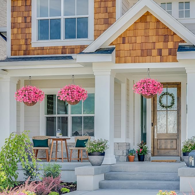 Artificial Faux Hanging Plants Flowers Basket for Outdoors Outside Spring Summer Decoration, Silk Pink Morning Glory in Planter UV Resistant Look Real Fake Flowers for Porch Patio Balcony Home Yard-Ruum Studio Home