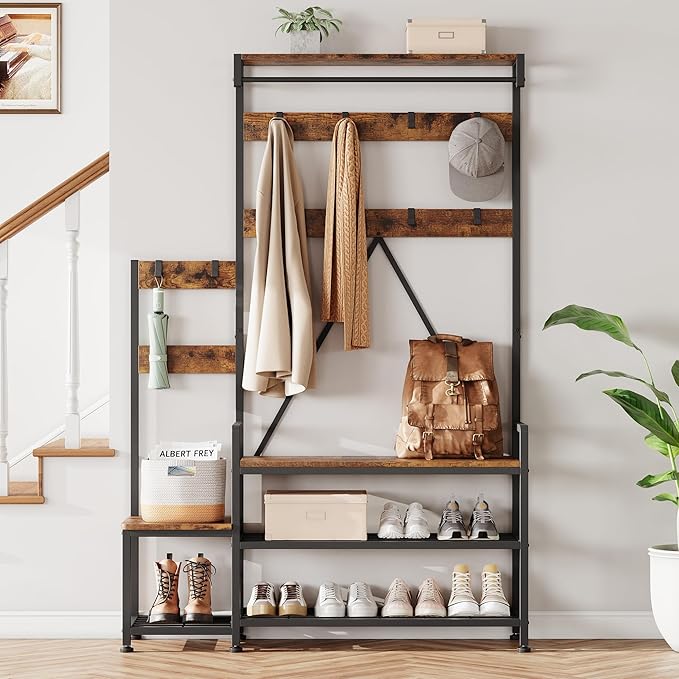IDEALHOUSE Hall Tree with Bench and Shoe Storage Parent-Child Coat Rack Shoe Bench Industrial Coat Tree Entryway Large Organizer with Shoe Rack, Storage Cubbies, Hooks, and Top Shelf-Ruum Studio Home
