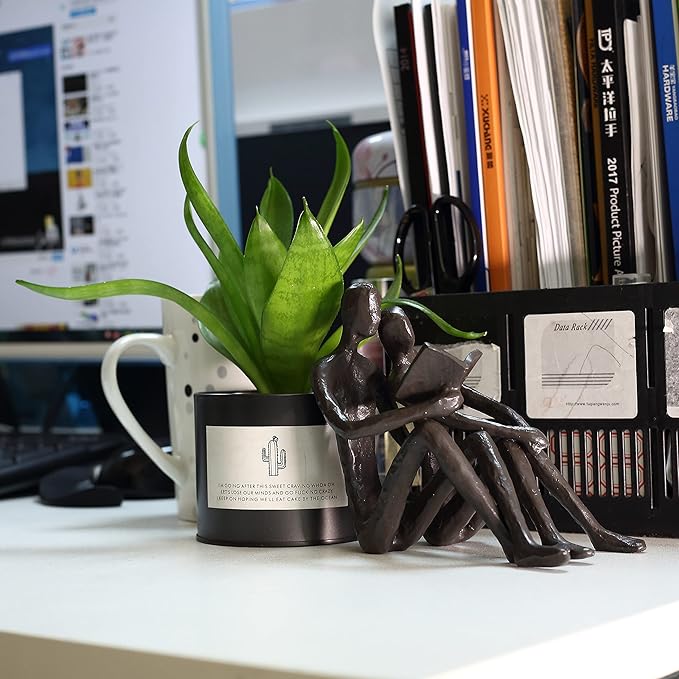 Ambipolar Romantic Reading Couple Bookshelf Decor, Cast Iron Bookend, Aesthetic Room Decor, Office Desk Decor, Home Decorative Bookend for Heavy Books, Satin Black-Ruum Studio Home