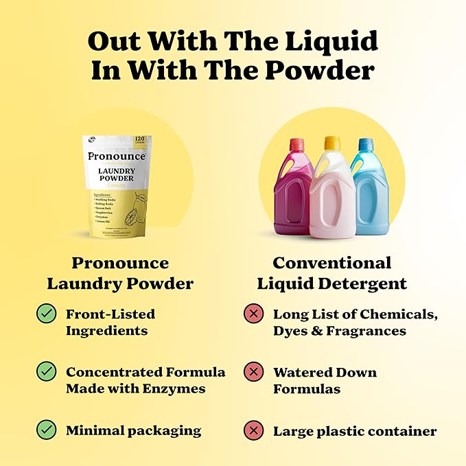 Pronounce Laundry Detergent Powder Alternative | Earth-Derived Ingredients, Eco-Friendly, Safer for Sensitive Skin, Eczema, and Babies. Stain + Smell Fighting. HE Safe (Lemon, 120 Loads).-Ruum Studio Home