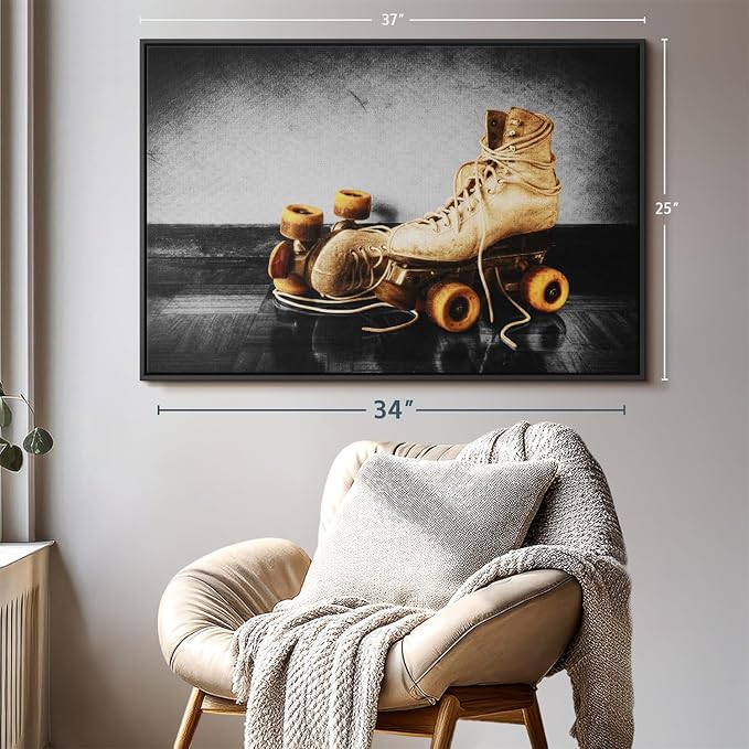 ElephantStock Vintage Skates Pop Wall Art - Horizontal Framed Canvas - 1-Piece Living Room Wall Decor - Sport Photography Canvas Print - Beige and Black Decor for Wall - 37" X 25"-Ruum Studio Home