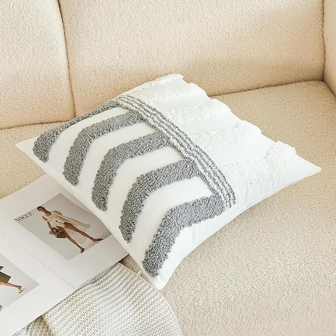 HOdo Home 18x18 Throw Pillow Covers, 2PCS Tufted Boho Jacquard Pillow Covers,Farmhouse Decorative Pillow Cover,Pillow Cases for Couch Sofa Bed Stylish Decor, Simple Textured Cushion Sham-Ruum Studio Home