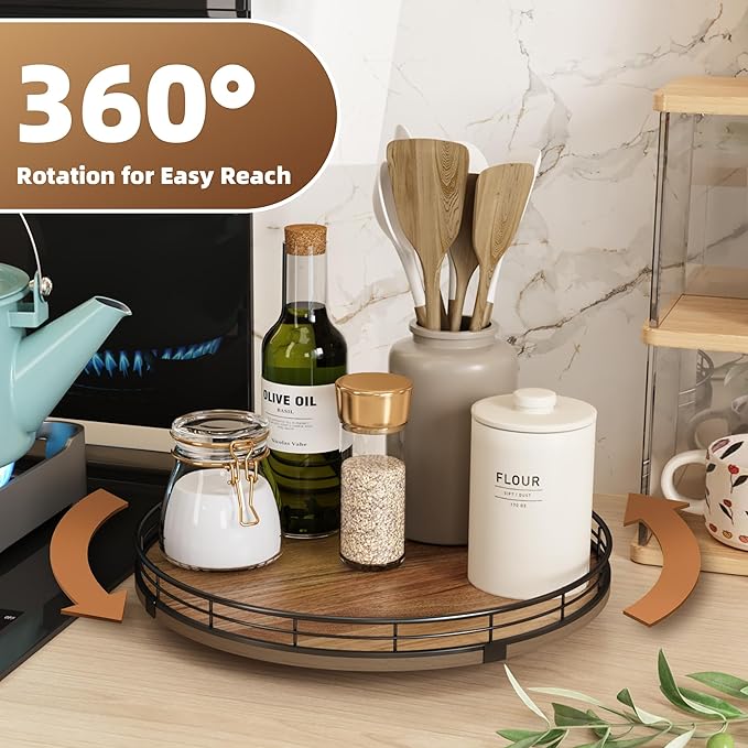 Acacia Wood 12" Lazy Susan Turntable Organizer for Table Top, Farmhouse Round Wooden Lazy Susan for Cabinet Kitchen Centerpieces Coffee Table, for Condiments Spices, Bathroom Vanity Tray Decor-Ruum Studio Home