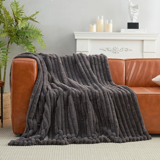 Amélie Home Faux Fur Throw Blanket for Couch, Cozy Fuzzy Fluffy Fur Luxurious Soft Striped Plush Gift Blankets for Family Sofa Chair Bed Living Room Bedroom, 55"x70", Charcoal Grey-Ruum Studio Home