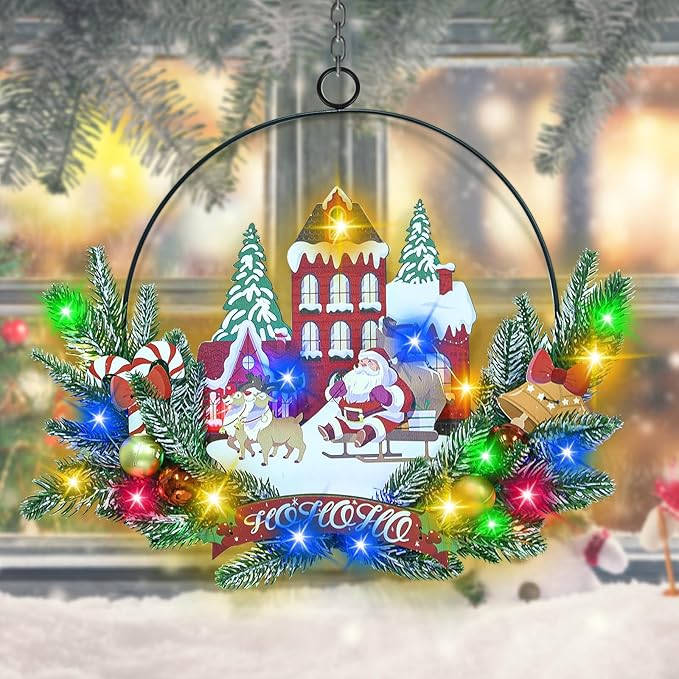 Light up Christmas Wreaths for Front Door, Welcome Metal Wooden Door Wreath Decor Hanging Sign, 30 LED Lighted Wall Decor Battery Operated for Halloween Indoor Outdoor (Santa Claus)-Ruum Studio Home