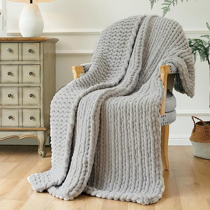 Esterra Chunky Knit Throw Blanket Newly Upgraded Heavy Tighter Version, Handmade Chenille Throw Super Soft, Thick Yarn Cable Knit Crochet Throw Blanket for Couch Bed Sofa (50"x60" Light Grey)-Ruum Studio Home