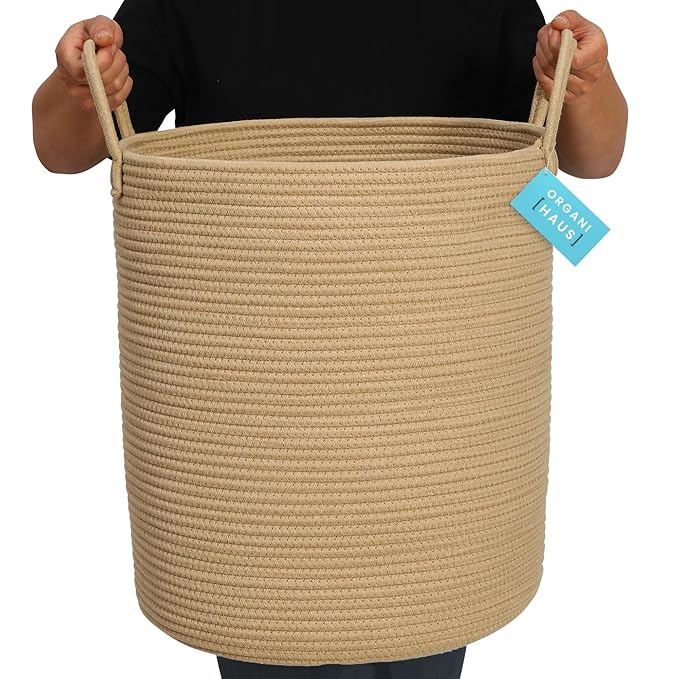 OrganiHaus Large Woven Baskets for Storage 15x18, Cotton Rope Baskets for Storage, Tall Blanket Basket for Living Room, Nursery Laundry Basket, Big Basket for Toys, Basket for Blankets, Honey-Ruum Studio Home
