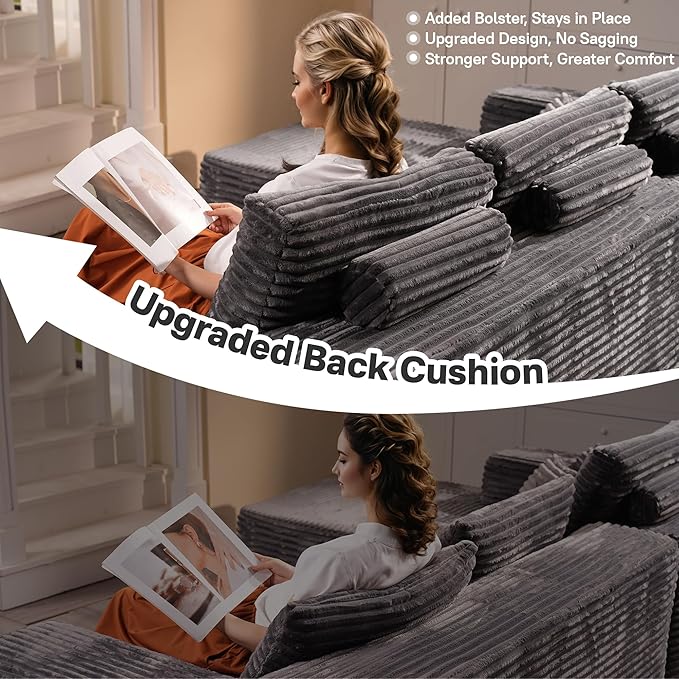 106" Cloud Sectional Couches for Living Room,Plush Corduroy Boneless Couch with Comfy Chaise,L Shaped Sofa in A Box No Assembly Require,Grey-Ruum Studio Home