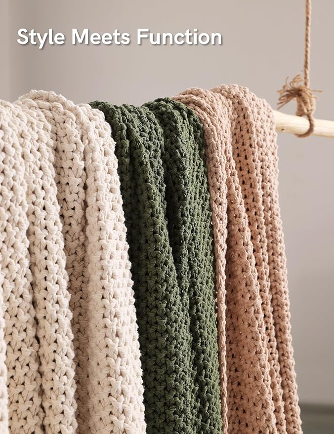 YnM Chunky Cotton Knit Throw Blanket, Cable Knit Throws for Bed Couch Sofa, Comfy & Relaxing, Decorative Piece for Farmhouse Modern Boho Rustic Scandinavian Chic Vibe, Cream White 80x87 Inches-Ruum Studio Home