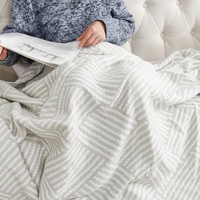 jinchan Boho 100% Cotton Blanket Muslin 50x60 Inches Lightweight 3-Layer Geometric Square Striped Pattern Reversible Quilt Throw Soft Breathable Comfy All Seasons for Couch Bed Decor, Light Grey-Ruum Studio Home