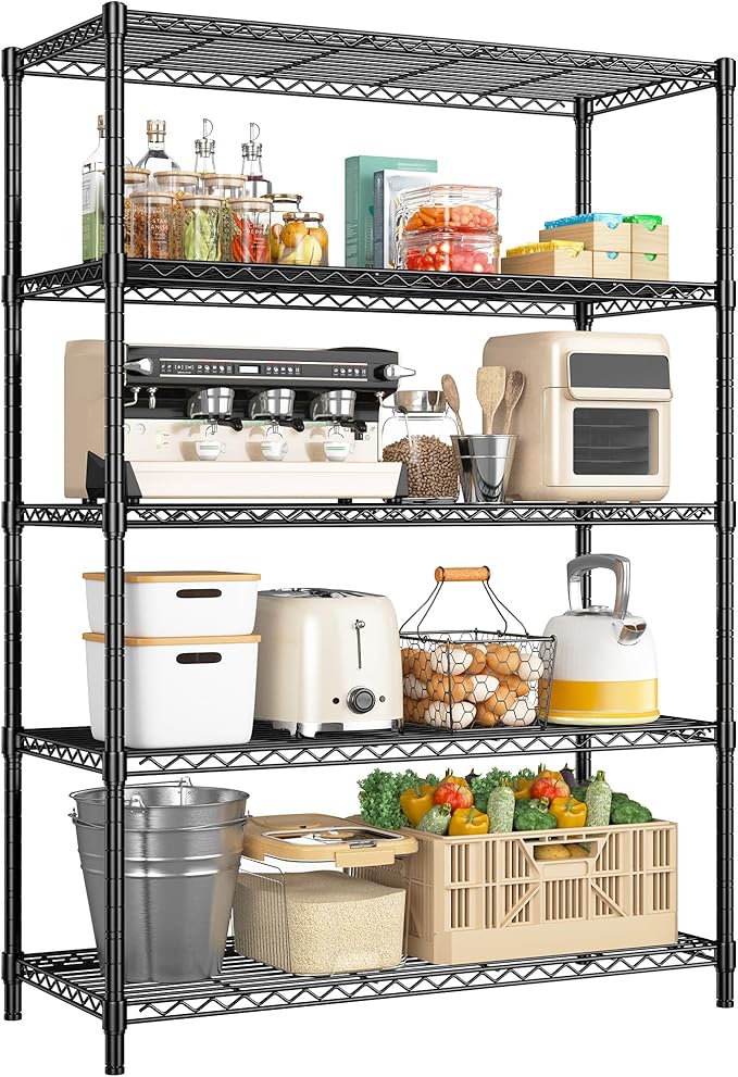 5 Tier Storage Shelves 71"H Wire Shelving Adjustable Metal Shelving,1000LBS Pantry Shelves Sturdy Steel Wire Shelf for Kitchen Commercial Pantry Garage Warehouse ,71"H X35.5"W X13.8"D, Black-Ruum Studio Home