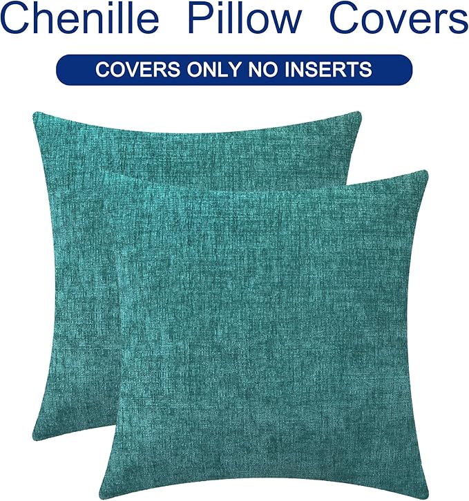 CaliTime Throw Pillow Covers Decorative 16 X 16 Inches Pack of 2 Cozy Chenille Cushion Cases for Couch Sofa Bed Living Room Home Teal-Ruum Studio Home
