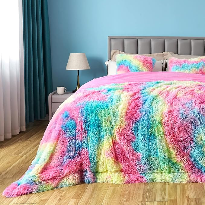 GONAAP Fuzzy Faux Fur Throw Blanket Queen Size Dark Rainbow Super Soft Cozy Plush Fuzzy Shaggy Blanket for Couch Sofa Bed (Dark Rainbow, Queen(90"x90"))-Ruum Studio Home